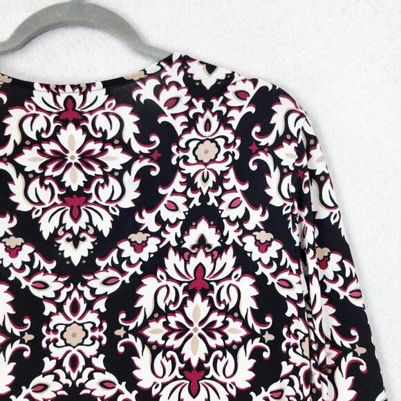 WHBM Dress Womens Medium Black Pink Damask Bell Long Sleeve Mini Shift Casual - Picture 10 of 10